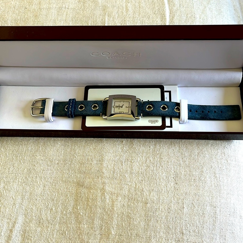 Brand new in box blue suede coach silver watch